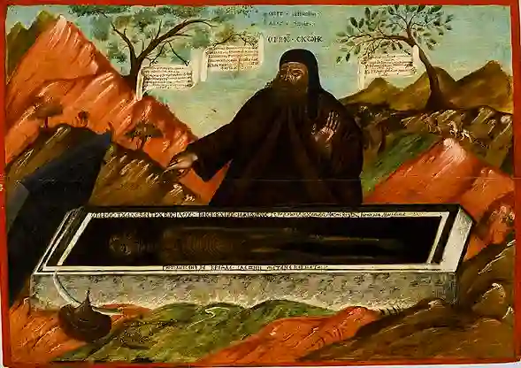 Saint Sisoes facing the tomb of Alexander the Great