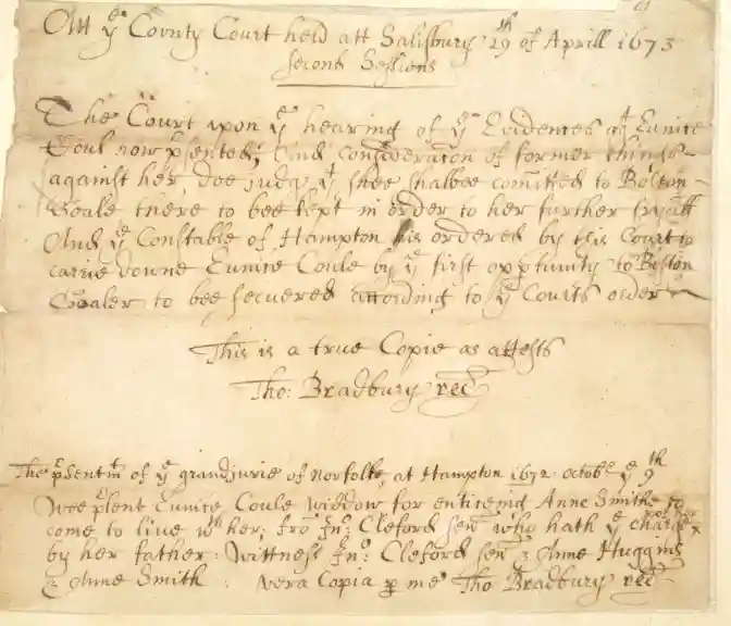 Court record of witchcraft prosecution of Goody Cole, 1673